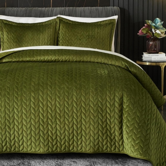 Olive Green Soft Velvet Leaves Leaf Stitching Quilt Bedding Set Queen Size Bed - Picture 1 of 13